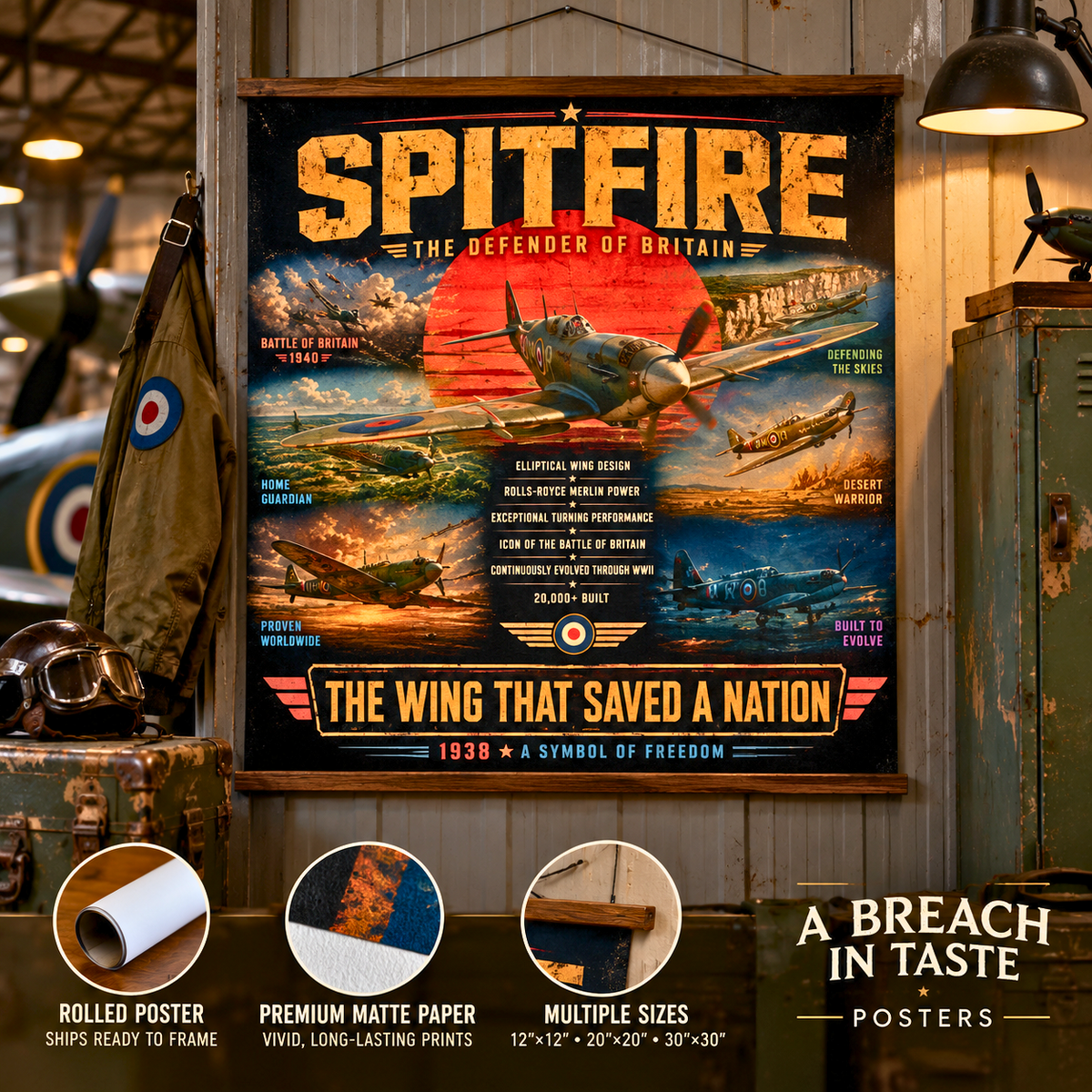 Supermarine Spitfire WWII Aviation Poster, British Fighter Plane Wall Art, Battle of Britain Print, RAF Pilot Gift, Flight Deck Decor