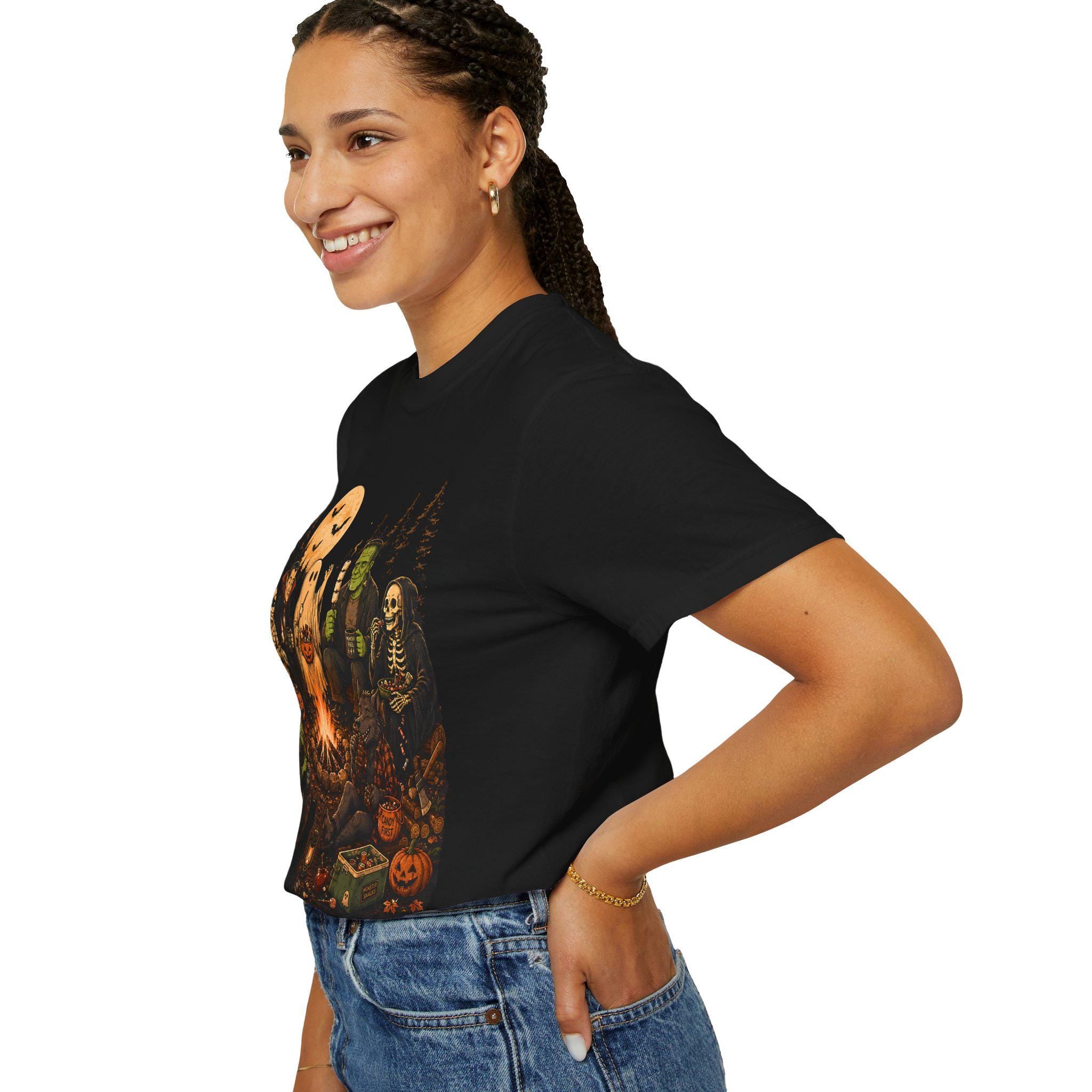 Monster Campfire Scene T-shirt | Halloween Haunted Pumpkin Night