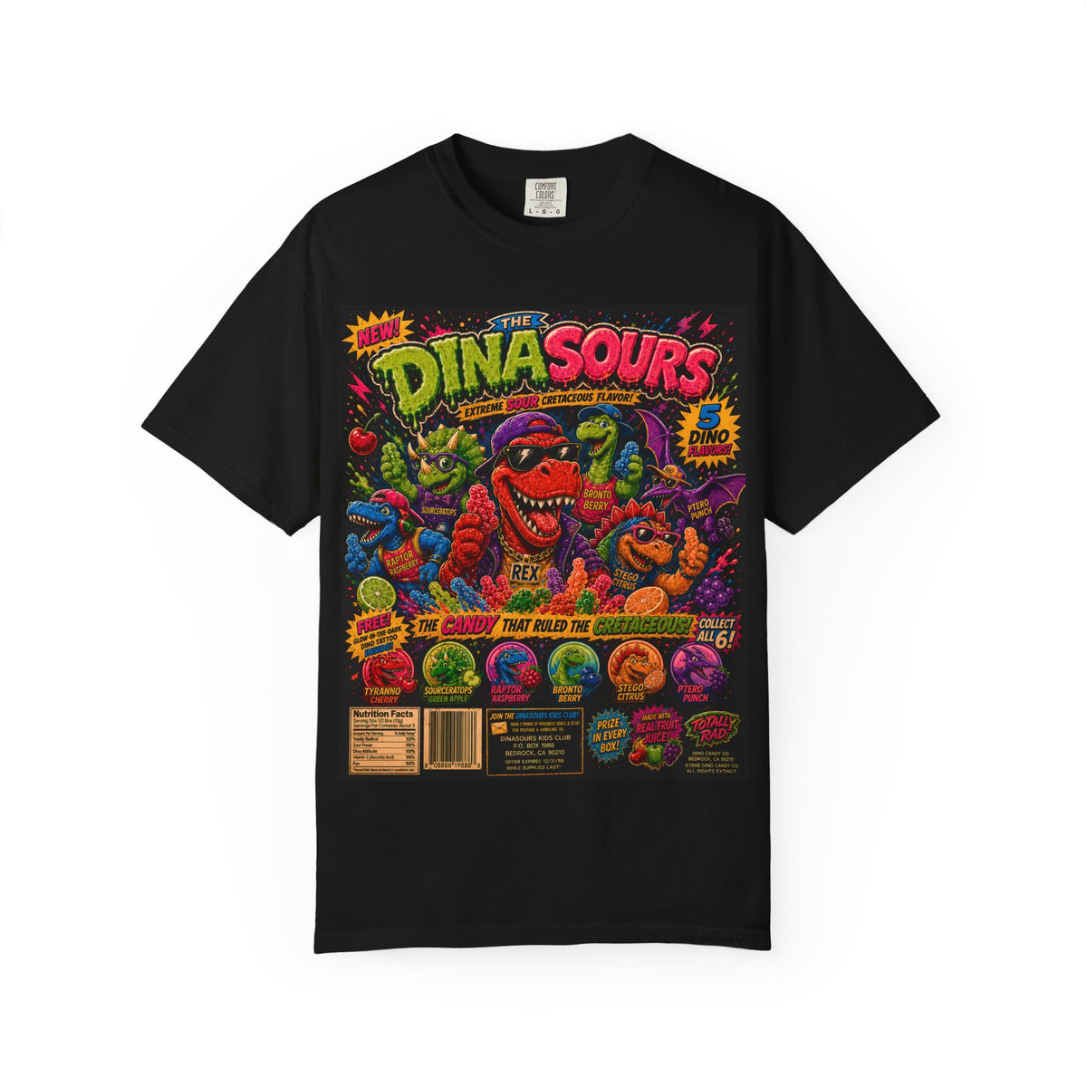The Dinasours Retro Candy Shirt | Vintage 80s Cartoon Candy Tee | Funny Dinosaur Graphic Tee | Nostalgic Saturday Morning Candy Box Shirt