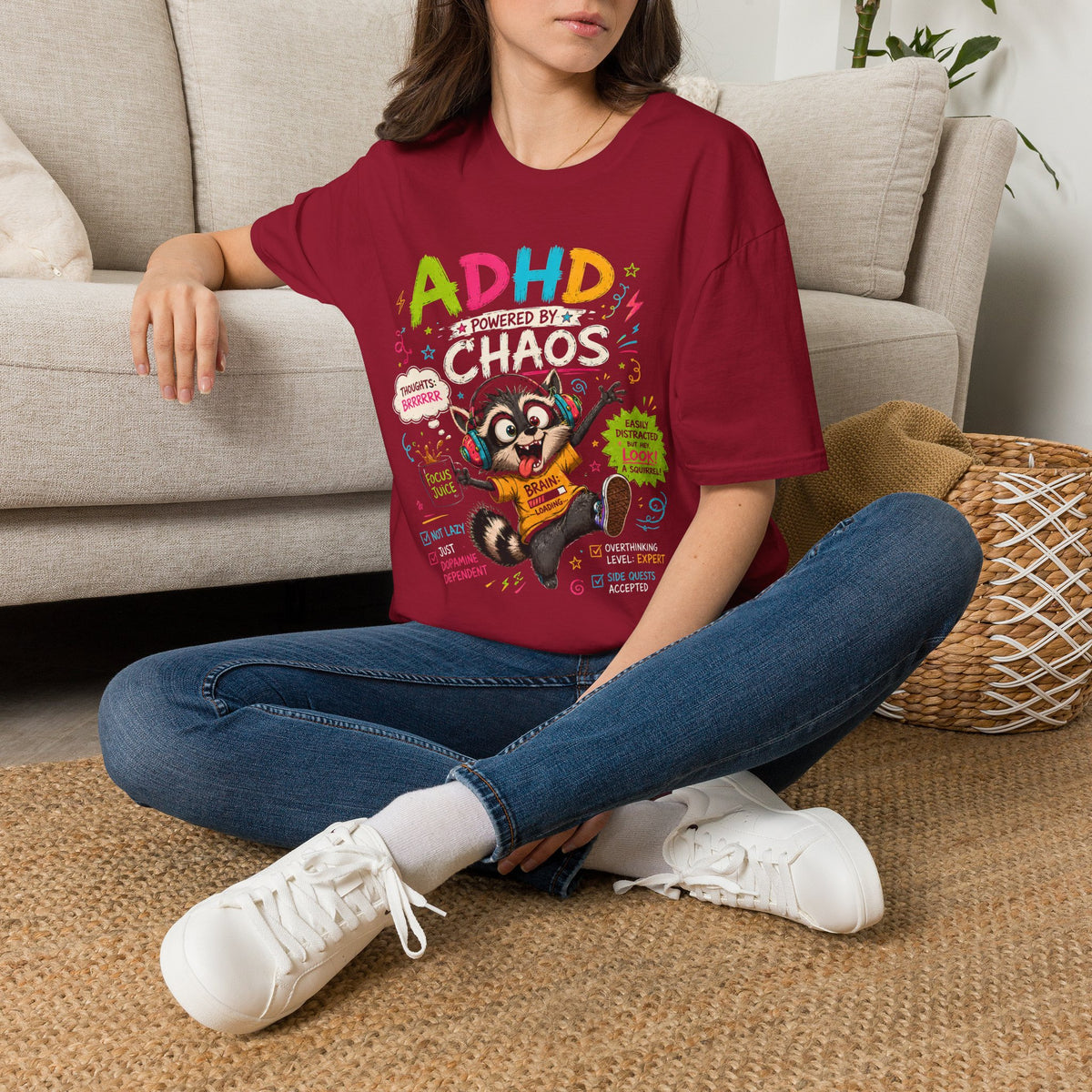 Funny ADHD Shirt for Adults, ADHD Raccoon Tee, Neurodivergent Gift, ADHD Humor Graphic Shirt, Powered by Chaos Tee