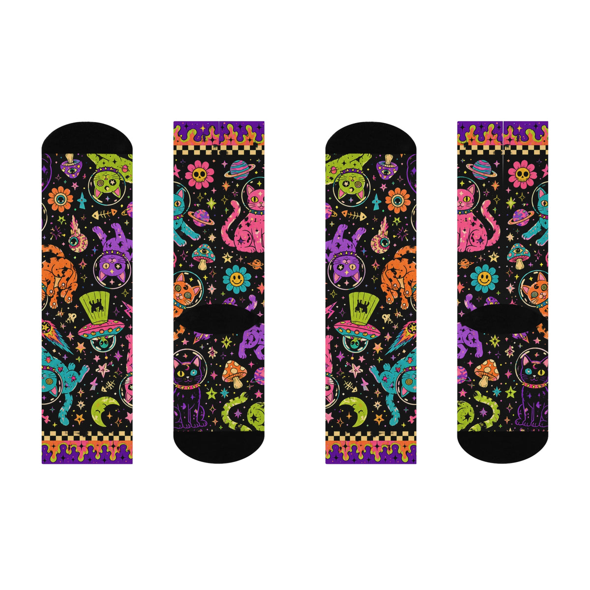 Neon Space Cats Crew Socks | Alien Cat Astronauts, Planets & Stars