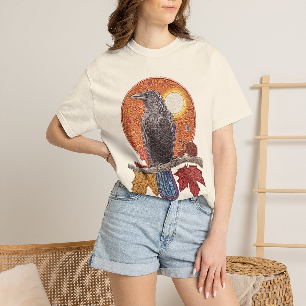 Autumn Crow Illustration T-shirt | Raven, Fall Leaves, Harvest Moon