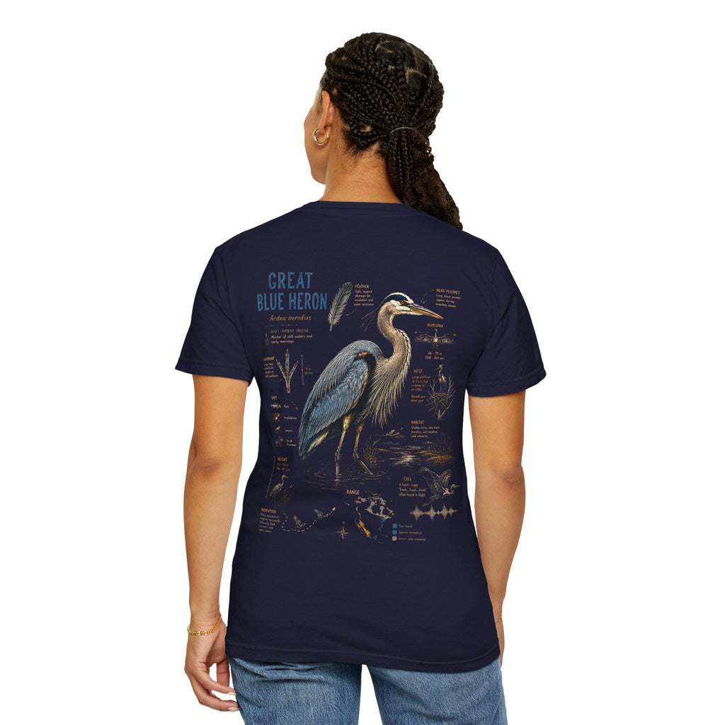 Blue Heron Field Guide T-Shirt | Vintage Nature Illustration, Wetland Bird Apparel