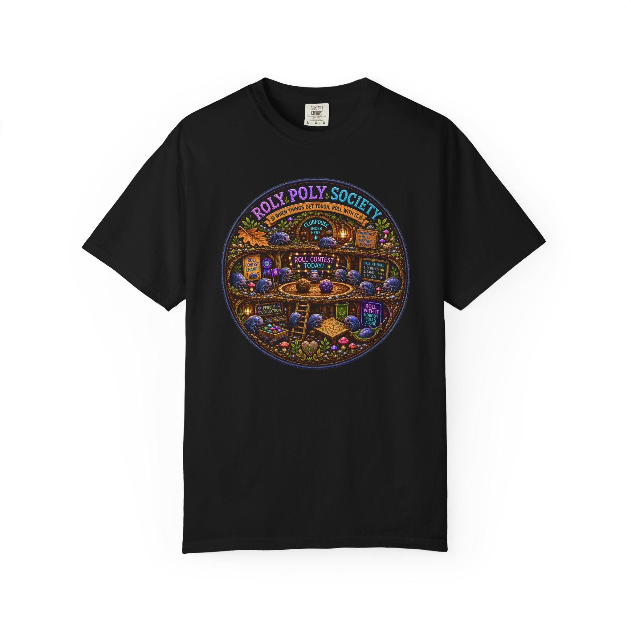 Roly Poly Society illustration T-Shirt | vintage arcade night scene