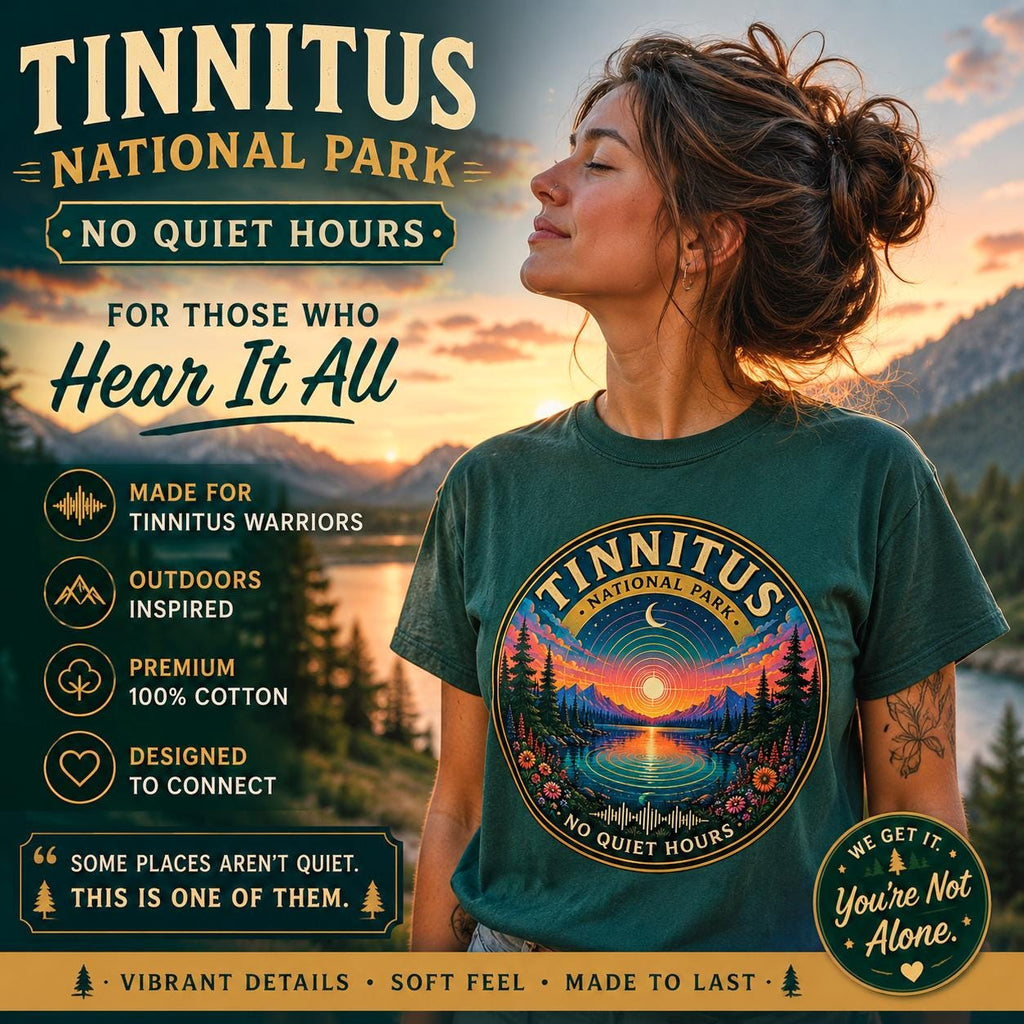 Tinnitus National Park badge sunset landscape T-shirt | No Quiet Hours graphic tee
