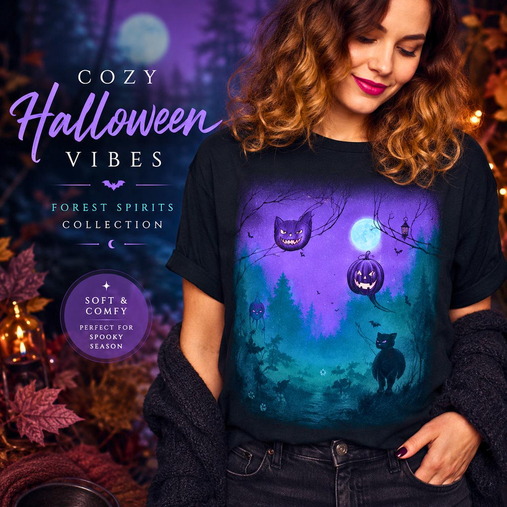 Spooky Jack-o'-Lantern Night T-shirt | Halloween Cat Moon Forest