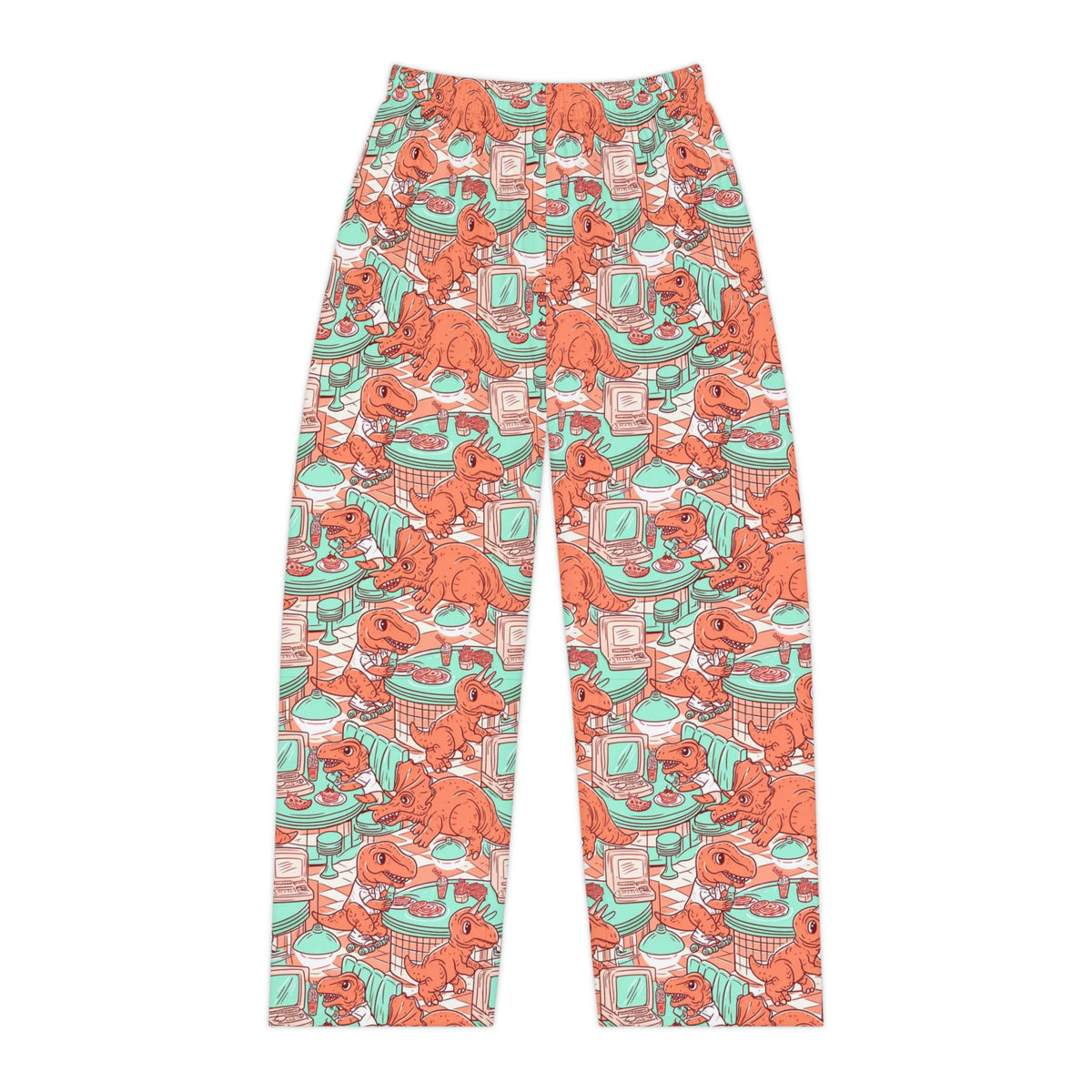 Retro Dinosaur Diner Pajama Pants | Mint Coral Vintage Print