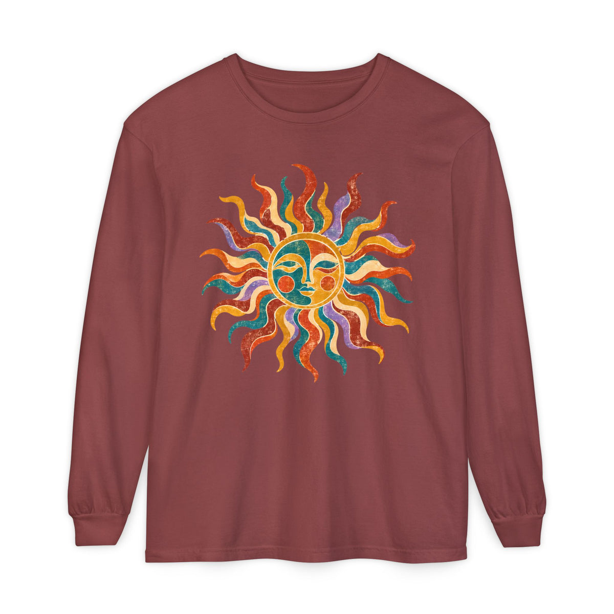 Retro Sun Long Sleeve Shirt, Folk Art Celestial Tee, Vintage Sun Face Shirt, Boho Graphic Long Sleeve