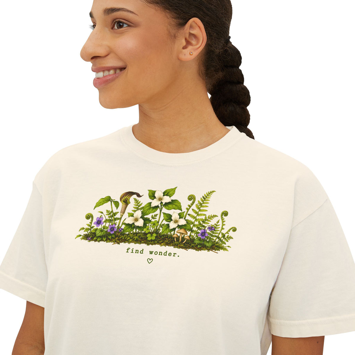 Find Wonder Boxy Tee | Woodland Wildflower Shirt | Cottagecore Mushroom Graphic Tee | Women's Relaxed Cropped Nature Shirt