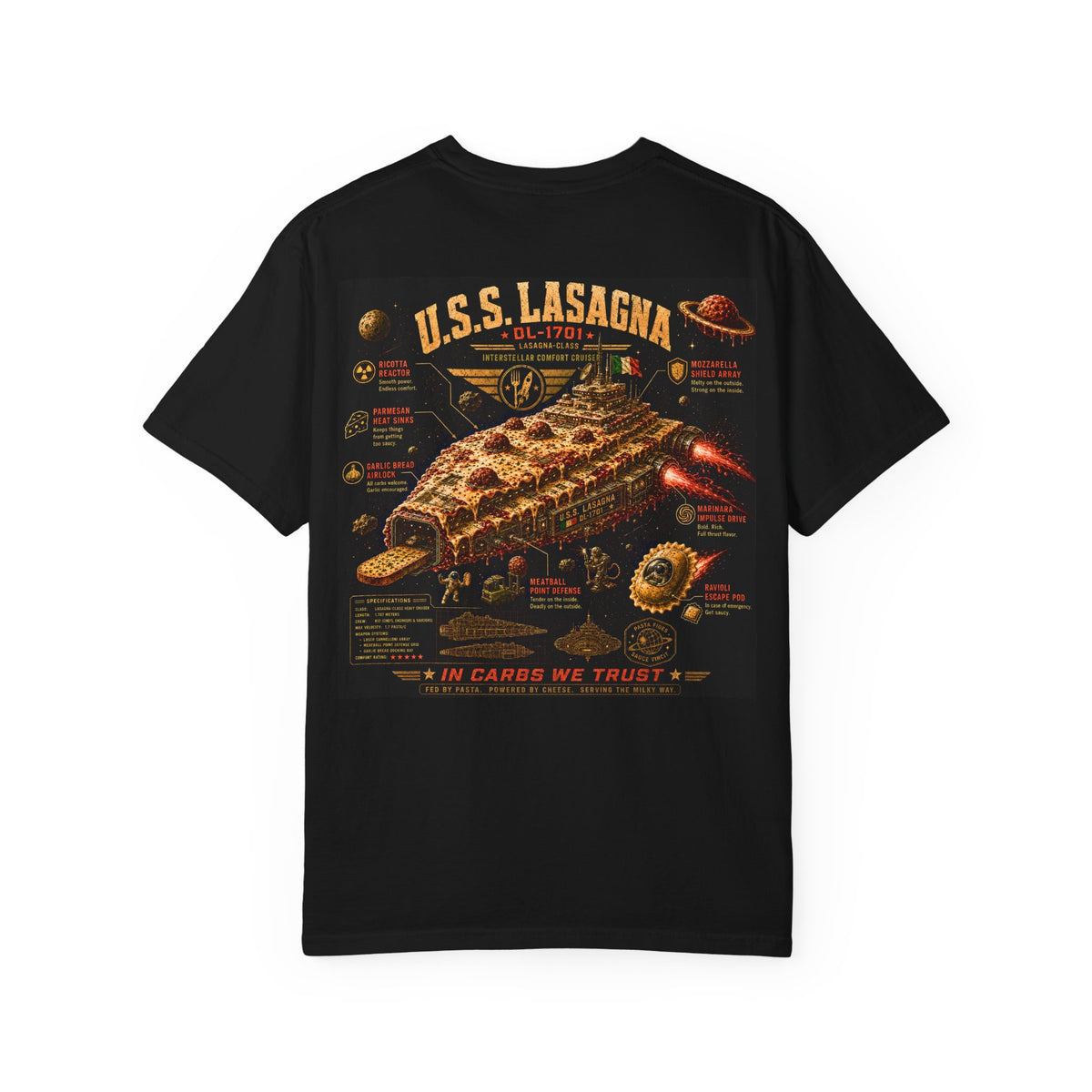 Space Lasagna Shirt, Funny Sci Fi Pasta T-Shirt, USS Lasagna DL-1701 Graphic Tee, Retro Space Food Shirt, Nerd Gift, Comfort Colors 1717