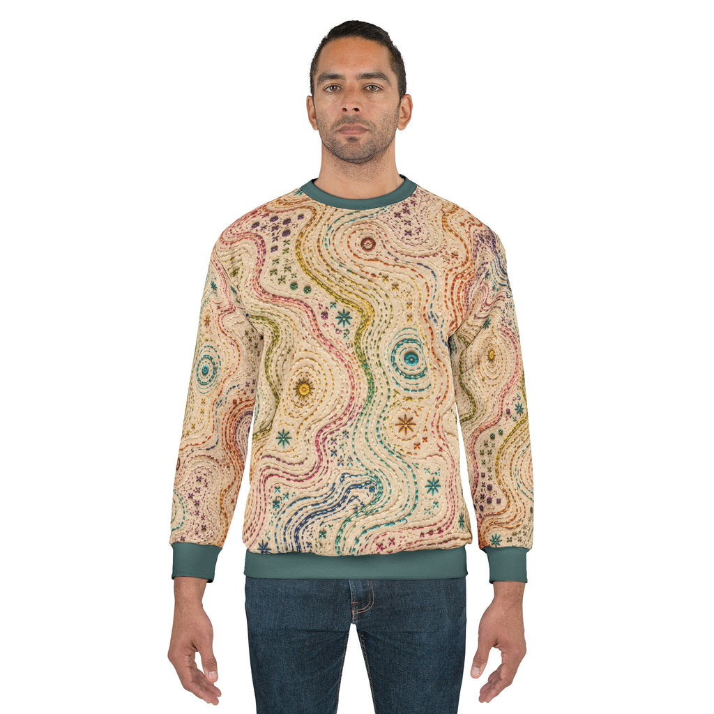 Threaded Terrain Embroidered Style All Over Sweatshirt | Abstract Topographic Stitch Pattern | Cozy Unisex Pullover