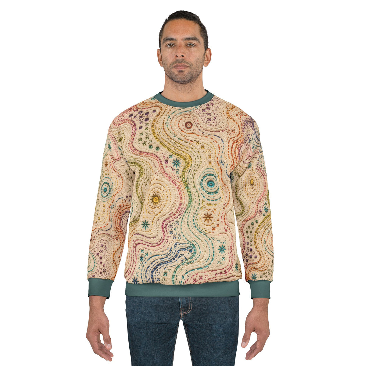 Threaded Terrain Embroidered Style All Over Sweatshirt | Abstract Topographic Stitch Pattern | Cozy Unisex Pullover