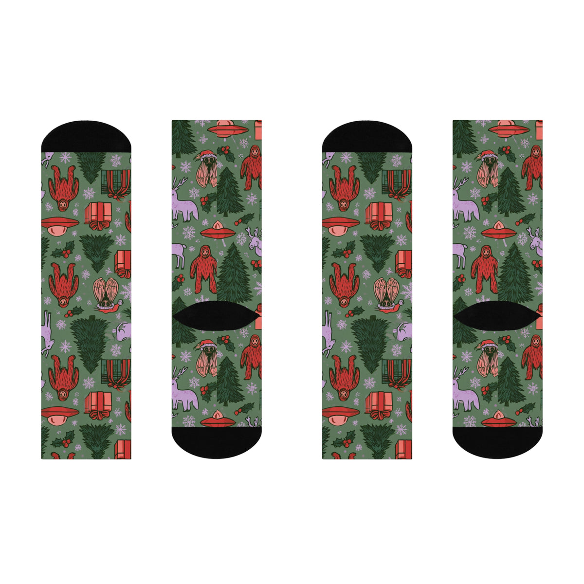 Cryptid Christmas Crew Socks | Bigfoot Mothman UFO Holiday