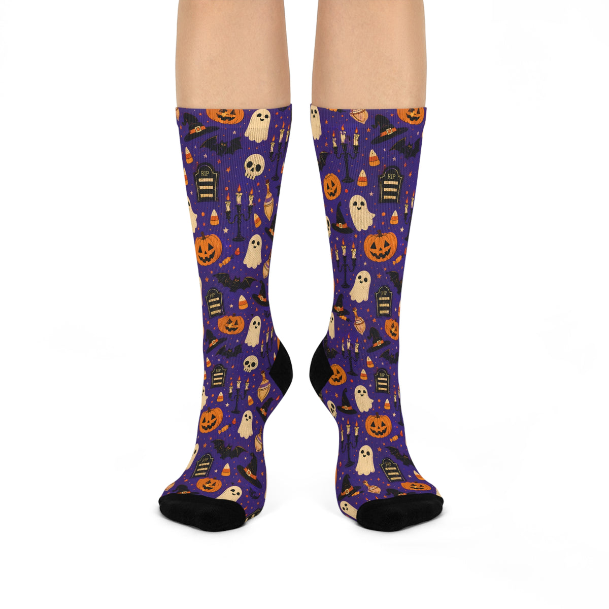 Halloween pattern Ghosts Pumpkins Candy Crew Socks | Purple spooky novelty