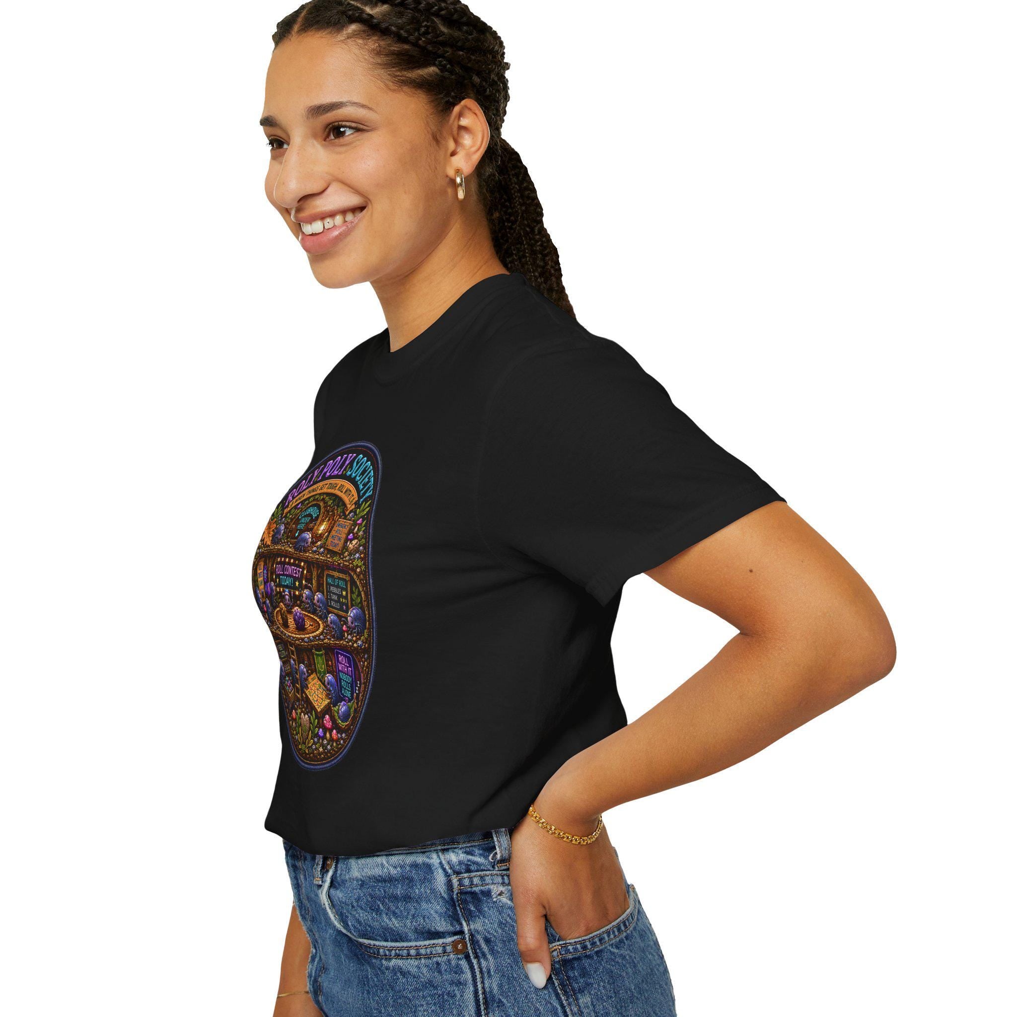 Roly Poly Society illustration T-Shirt | vintage arcade night scene