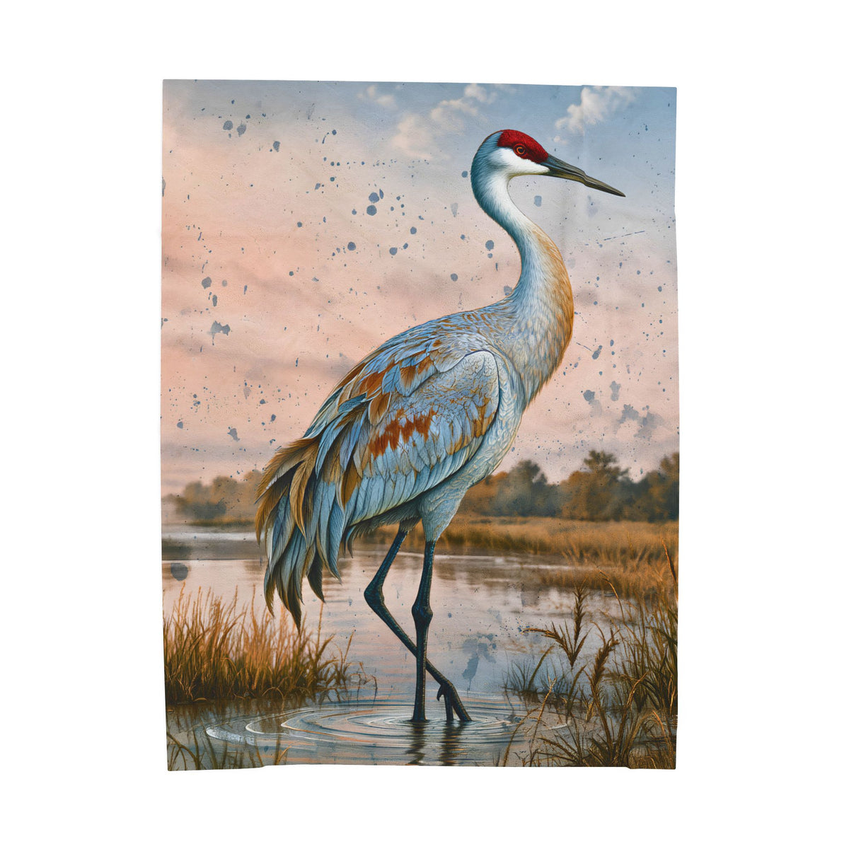 Sandhill Crane Art Velveteen Plush Blanket | Watercolor Marsh Bird Illustration