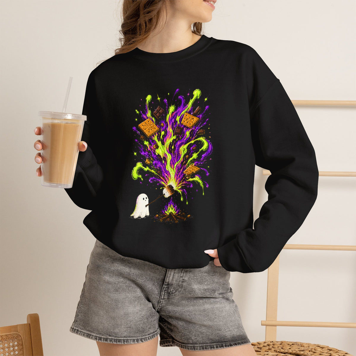 Halloween Ghost Smores Sweatshirt, Neon Spooky Campfire Crewneck, Cute Ghost Marshmallow Shirt, Halloween Camping Sweatshirt
