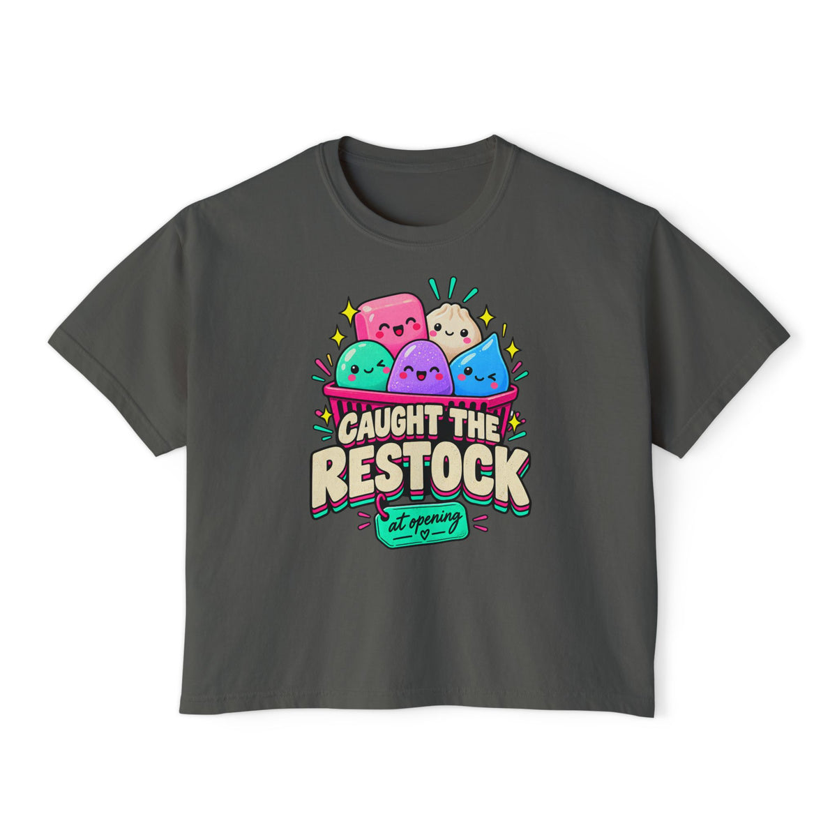 Caught the Restock Crop Tee, Squishy Hunting Shirt, Cute Sensory Toy Collector Top, Kawaii Restock Graphic Tee