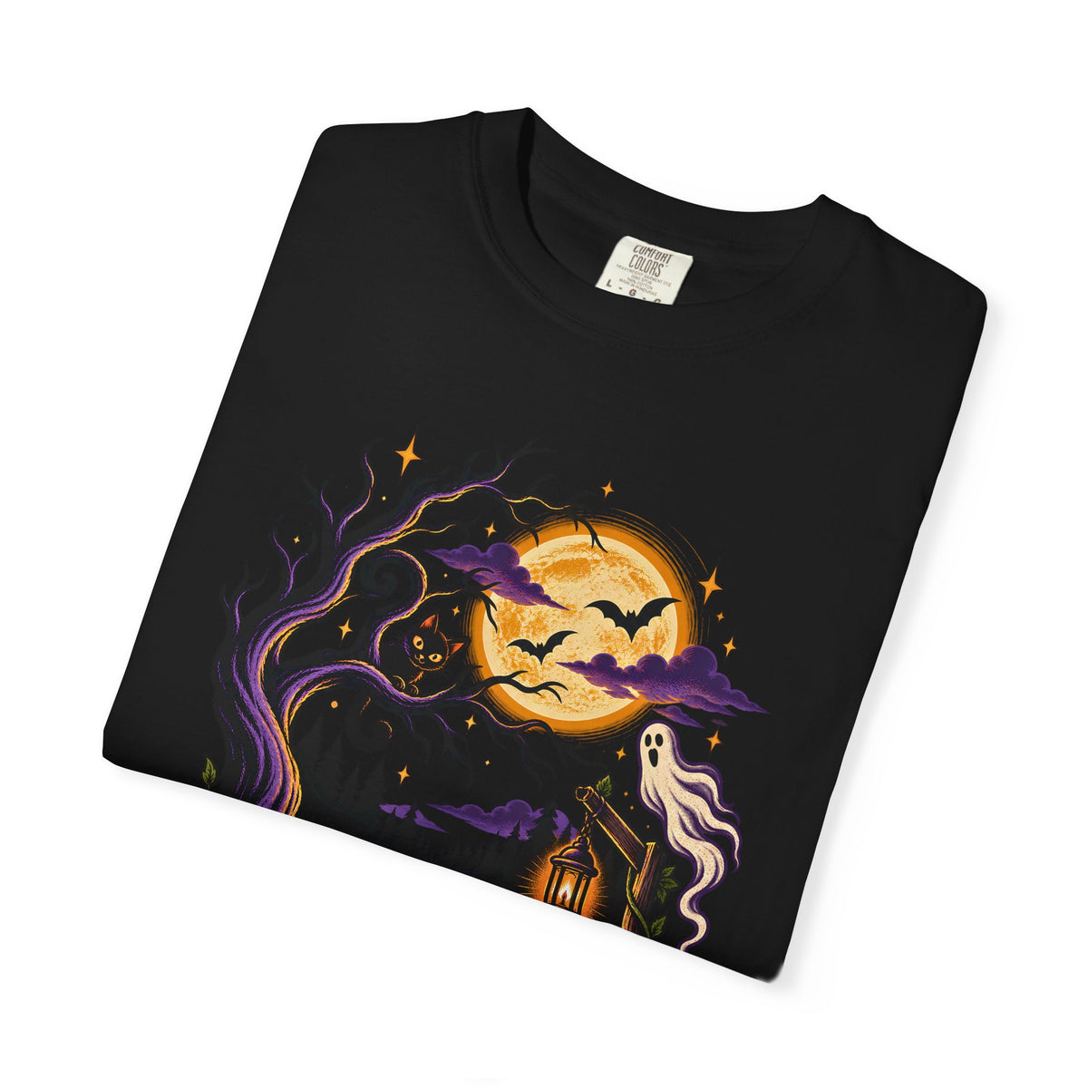 Halloween Shirt, Haunted Trail Tee, Moonlit Path Graphic, Spooky Ghost Black Cat Pumpkin Shirt, Comfort Colors 1717 Fall Tee