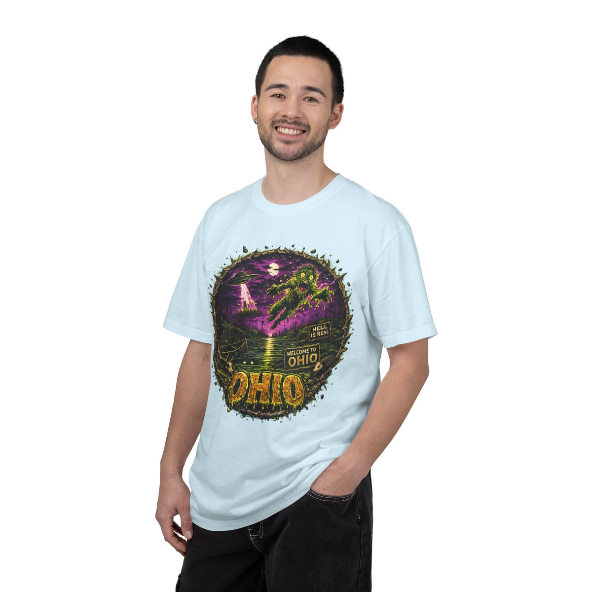 Ohio Horror Shirt, Lake Erie Monster Graphic, Cryptid UFO Horror Tee, Midwest Gothic Alien Swamp Design, Retro Halloween Unisex Garment Dyed