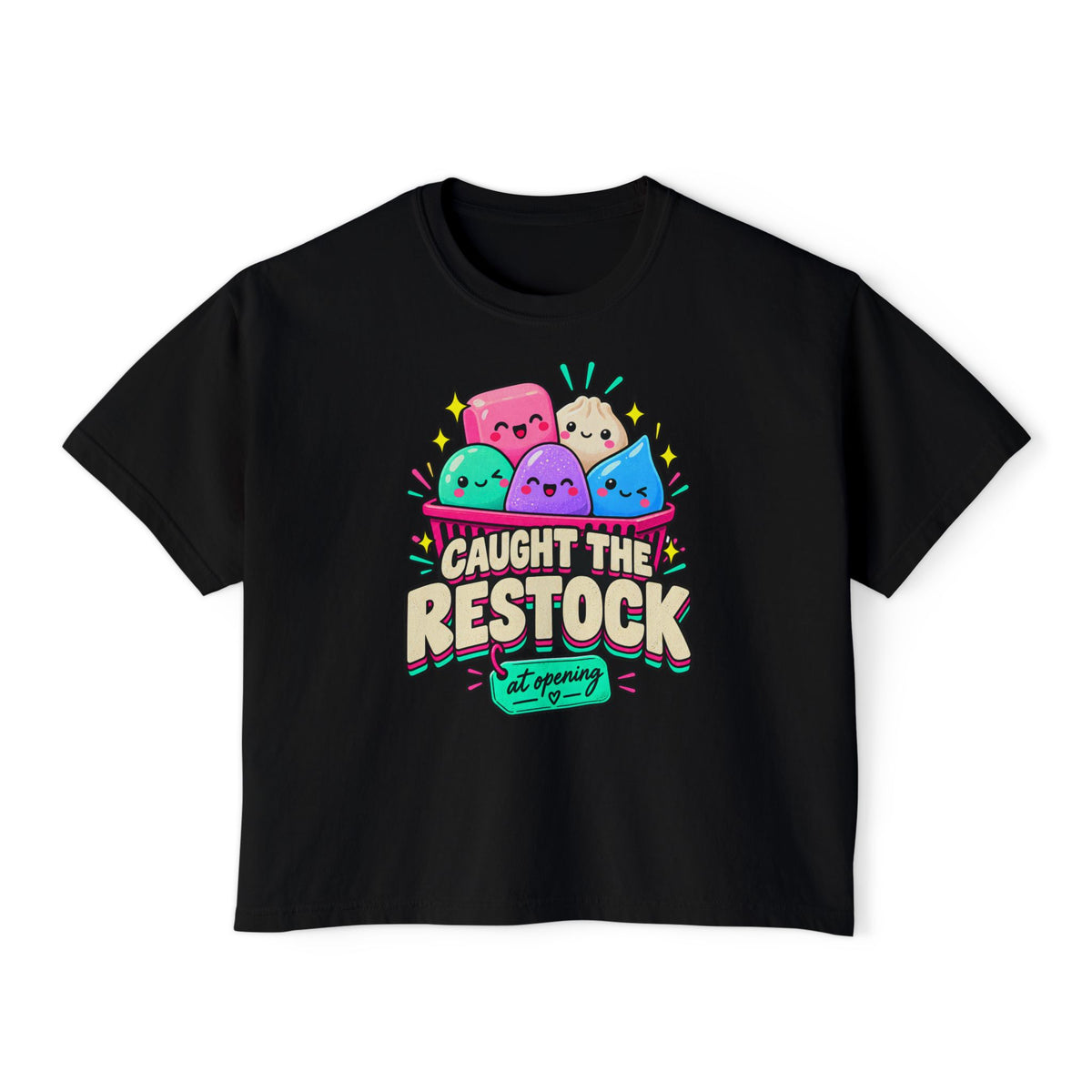 Caught the Restock Crop Tee, Squishy Hunting Shirt, Cute Sensory Toy Collector Top, Kawaii Restock Graphic Tee