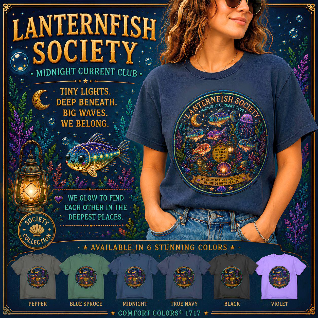 Lanternfish Society Shirt, Bioluminescent Deep Sea Marine Life Tee, Comfort Colors 1717