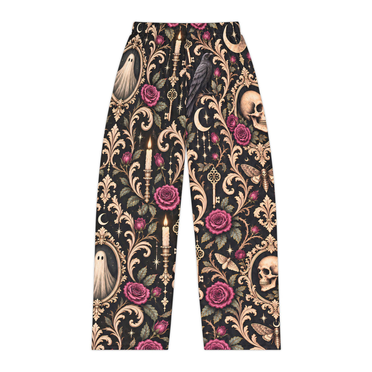 Haunted Damask Pajama Pants, Gothic Halloween Lounge Pants, Ghost Skull Rose Pajamas, Spooky Victorian Sleepwear