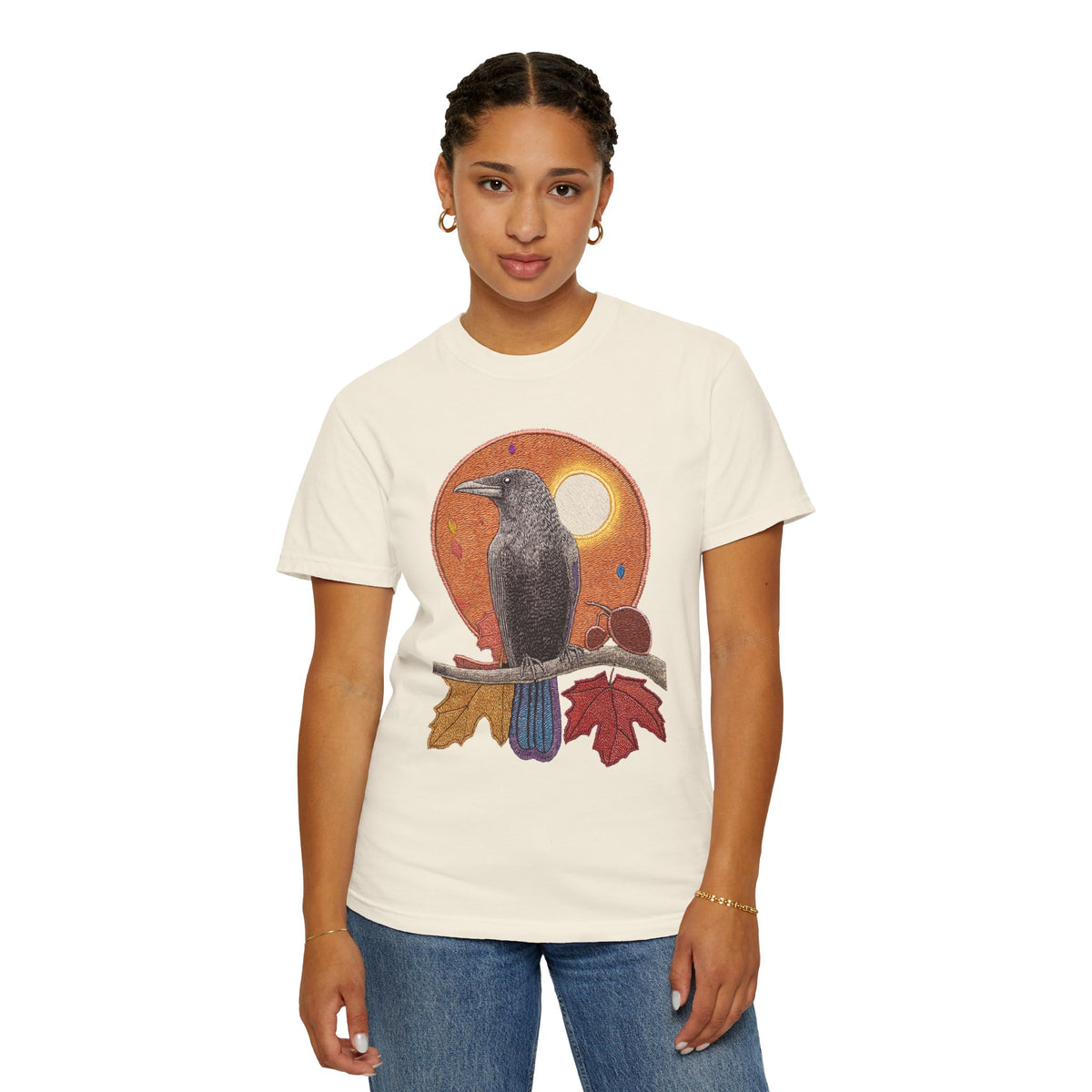 Autumn Crow Illustration T-shirt | Raven, Fall Leaves, Harvest Moon