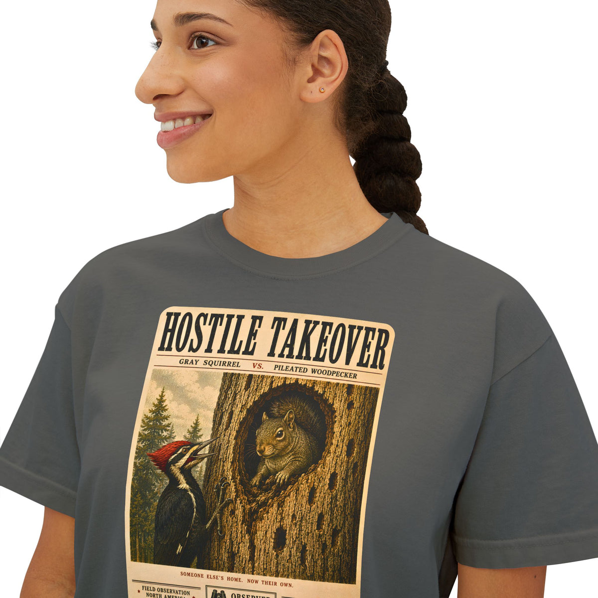 Hostile Takeover Boxy Tee | Woodpecker & Squirrel Shirt | Funny Birdwatching Graphic Tee | Vintage Nature Poster | Wildlife Gift