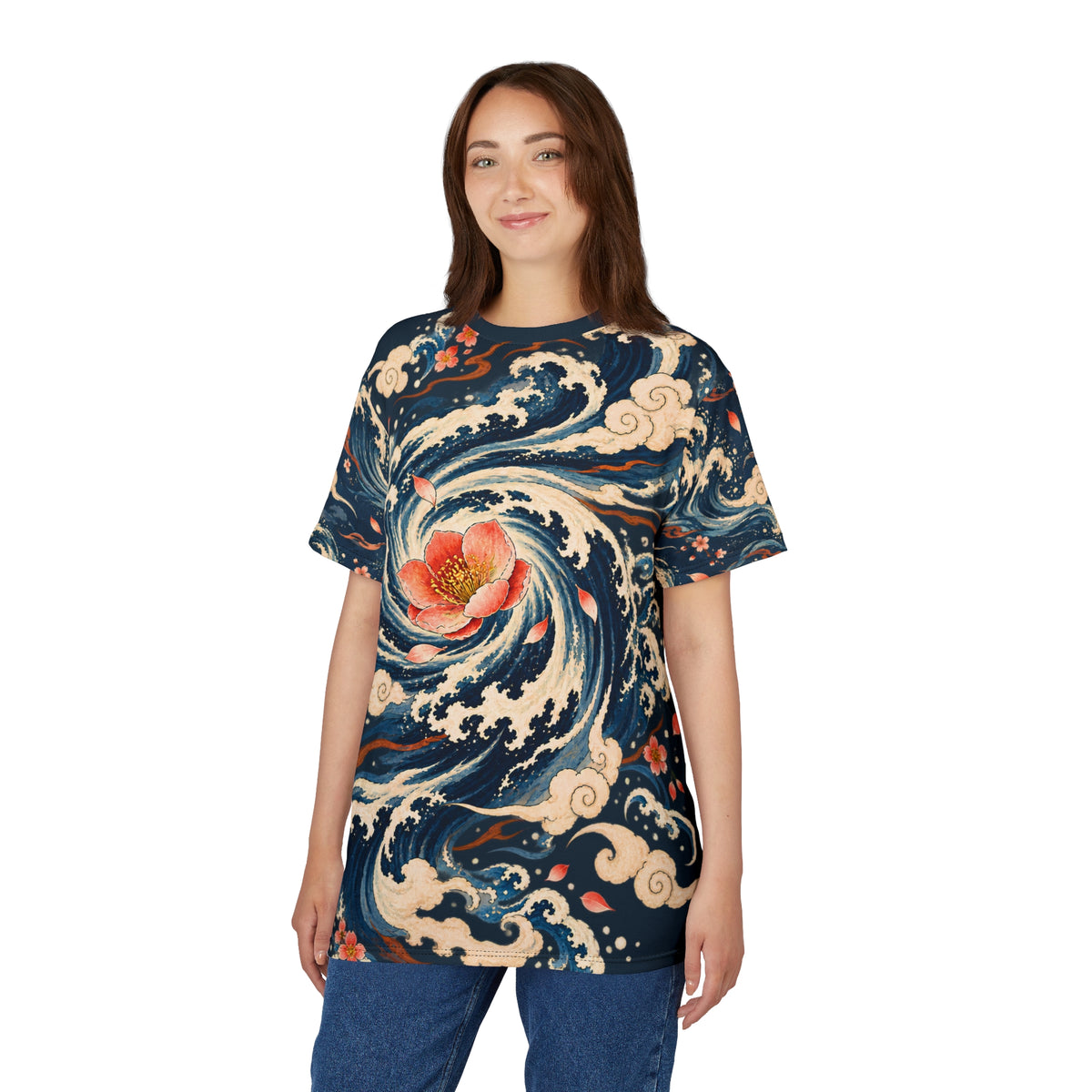 Flowers in a Hurricane Shirt | Japanese Wave Art All Over Print Tee | Floral Storm Graphic T-Shirt | Ukiyo-e Inspired Ocean Design