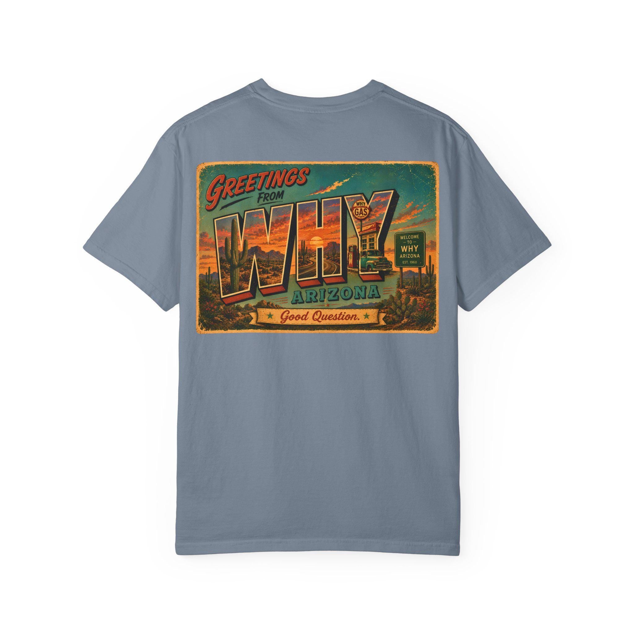 Greetings from WHY Arizona T-shirt | Road Trip Vintage Postcard Design