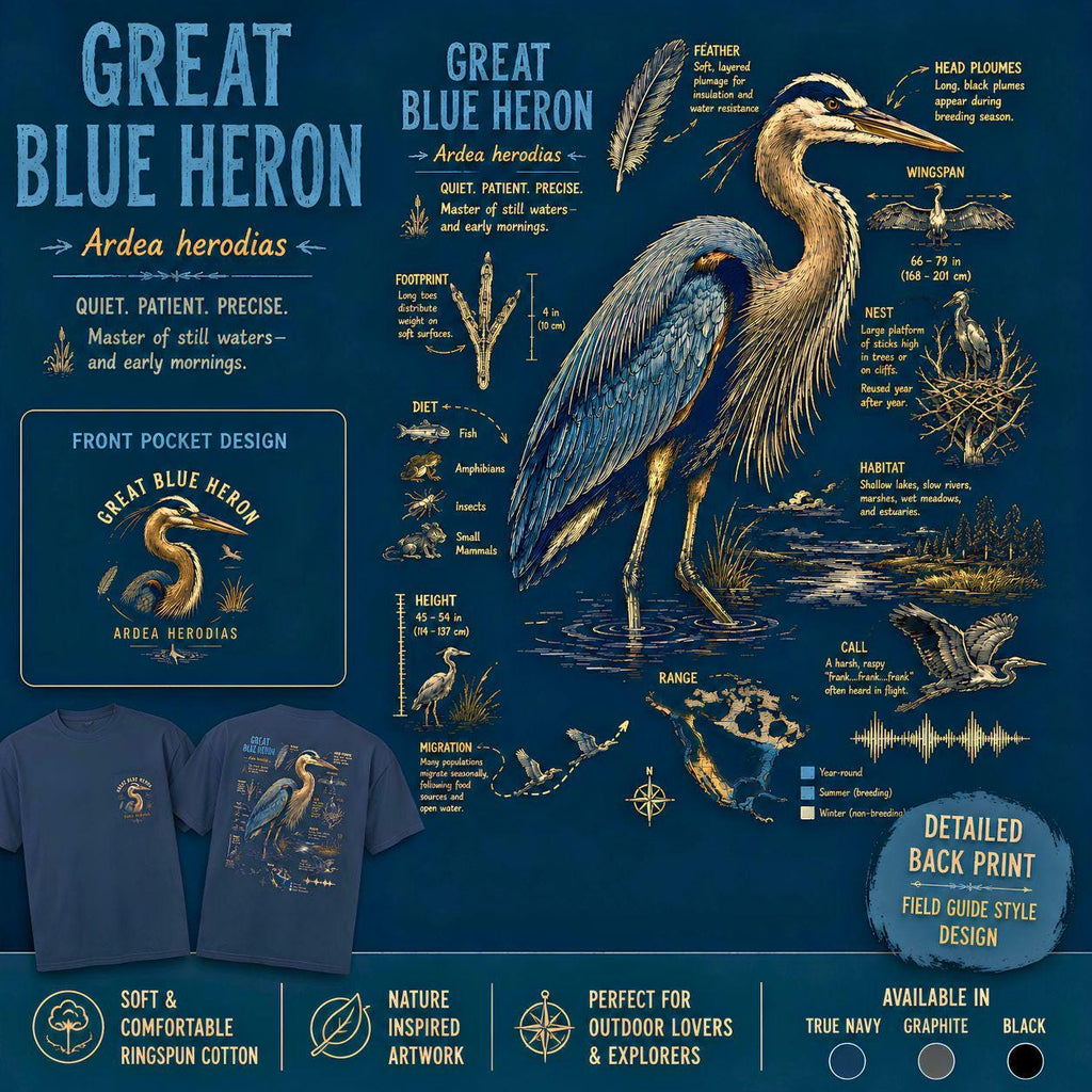 Blue Heron Field Guide T-Shirt | Vintage Nature Illustration, Wetland Bird Apparel