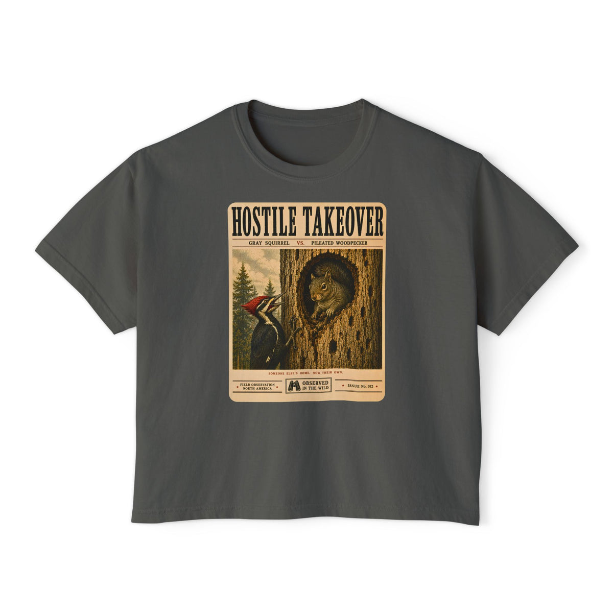 Hostile Takeover Boxy Tee | Woodpecker & Squirrel Shirt | Funny Birdwatching Graphic Tee | Vintage Nature Poster | Wildlife Gift
