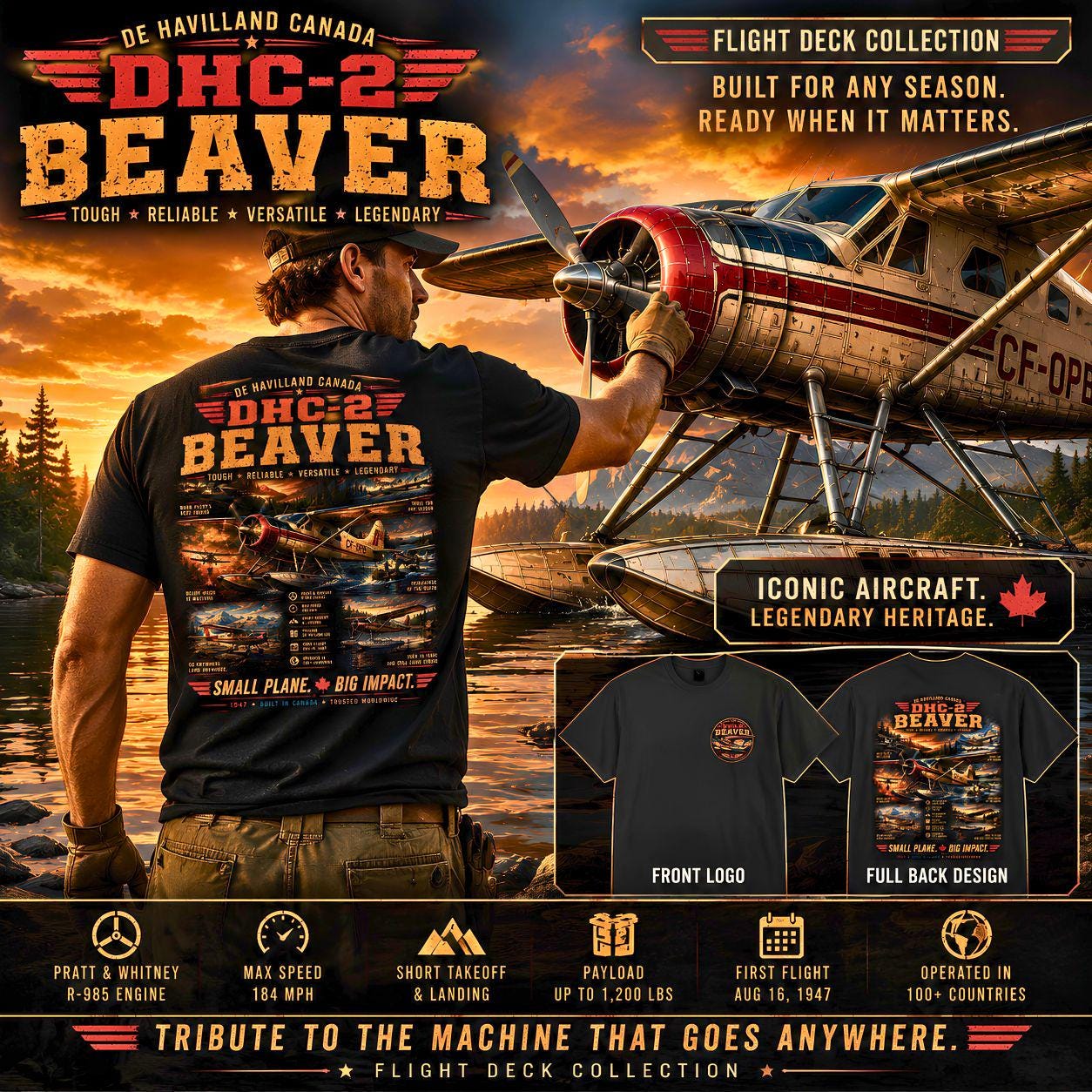 DHC-2 Beaver Seaplane T-shirt | Vintage Aircraft Poster, Back Print