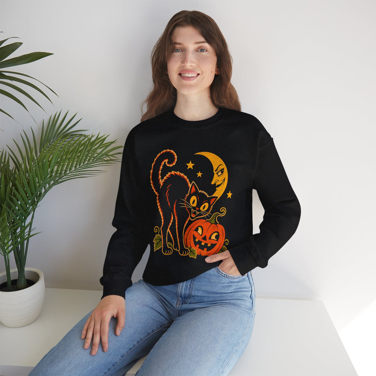 Vintage Halloween Black Cat Sweatshirt, Retro Pumpkin Moon Crewneck, Weird Spooky Cat Gildan 18000 Halloween Sweater
