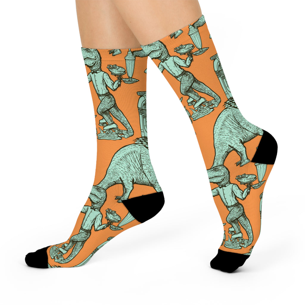Skating Dinosaur Diner Socks | Retro Roller Skate Dinosaurs