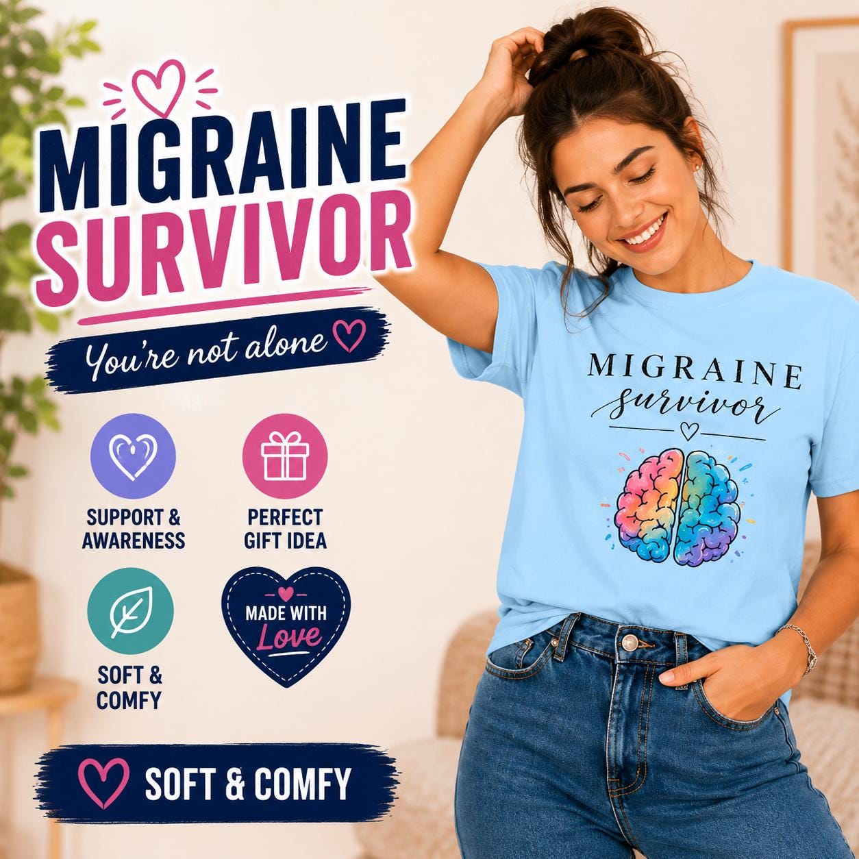 Migraine Survivor Shirt | Colorful Brain Graphic Tee, Mental Health Awareness