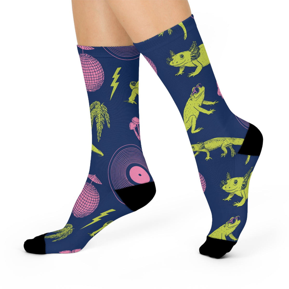 Neon Axolotl Disco Crew Socks | Lime Pink Retro Dance Print