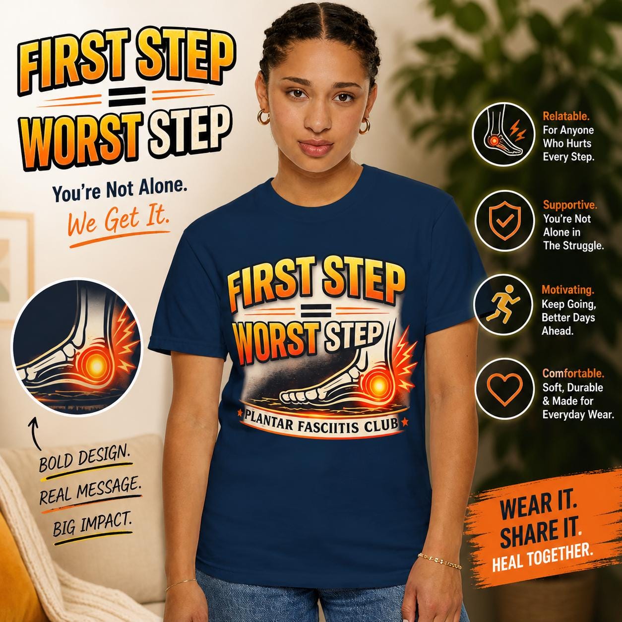 Plantar Fasciitis Club First Step Worst Step Tee, Heel Pain Humor Shirt