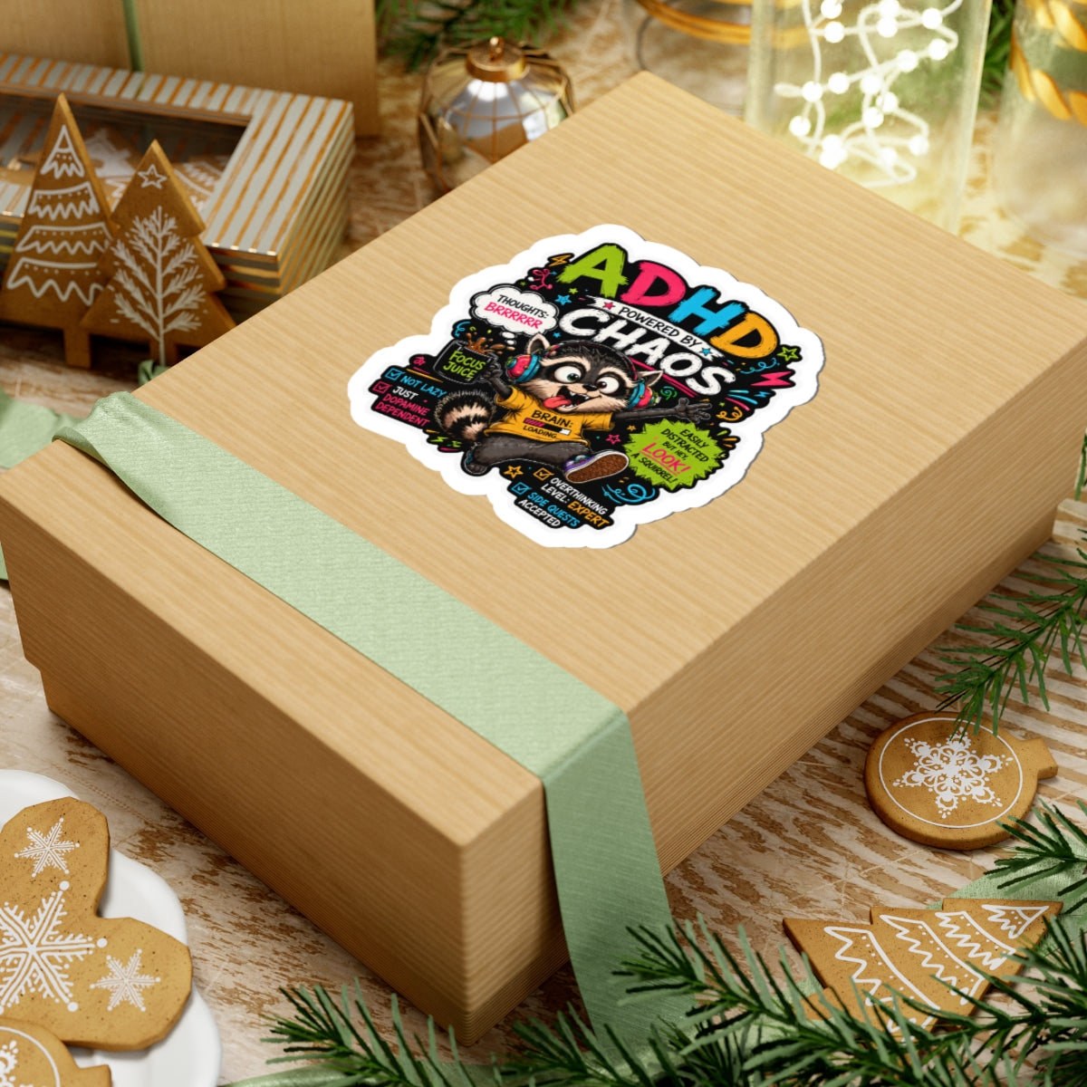 ADHD Powered by Chaos Raccoon Sticker | Funny Neurodivergent Vinyl Sticker