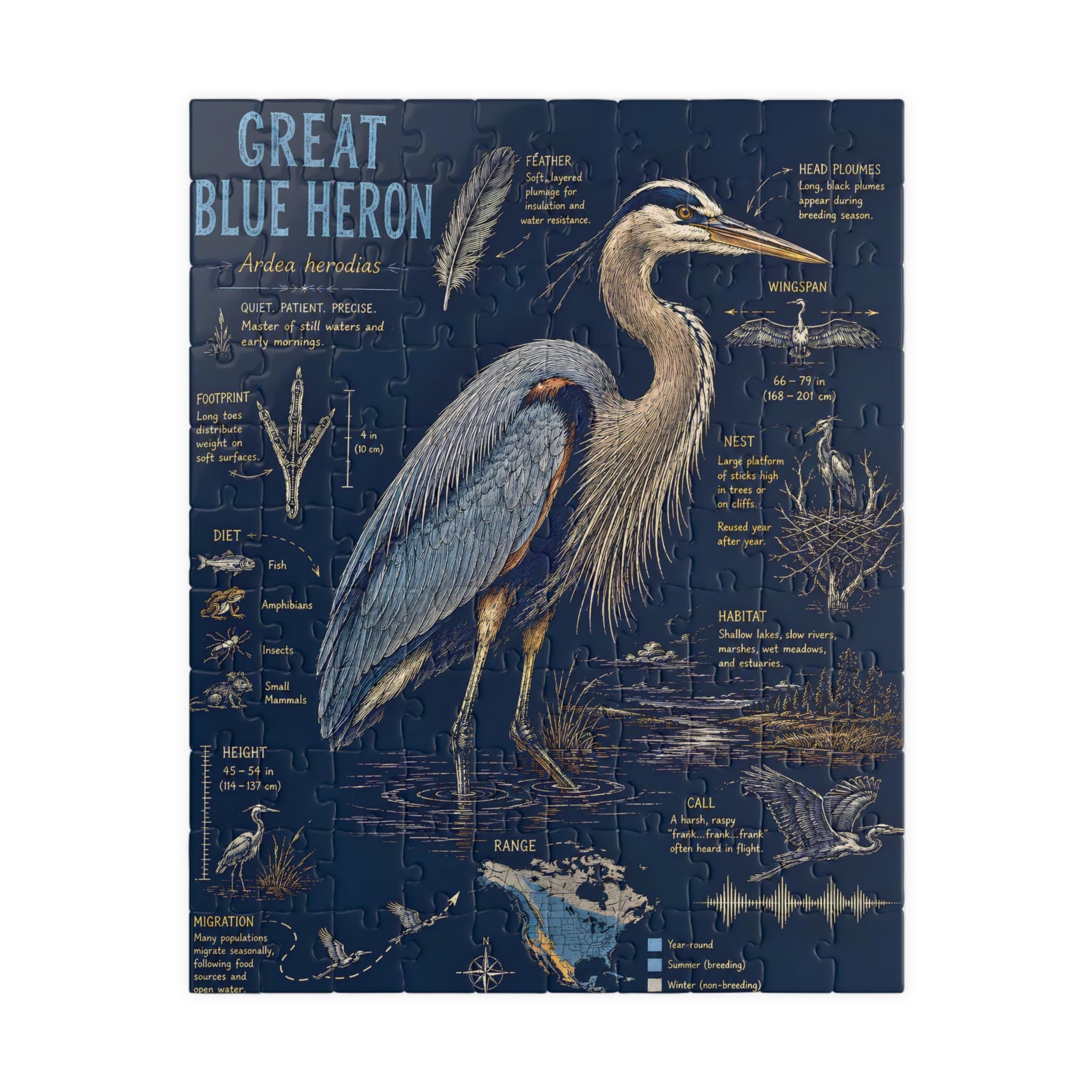 Blue Heron Nature Illustration Puzzle | Wetlands Bird Jigsaw (110-520 Pieces)