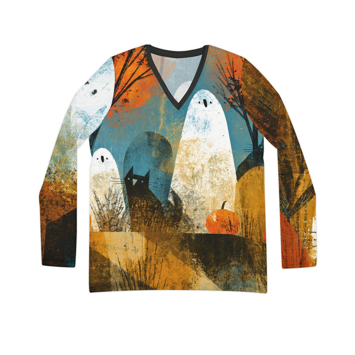 Ghost Cat Harvest Long Sleeve Shirt, Halloween Ghost & Black Cat V Neck Top, Retro Fall Art Shirt, Spooky Autumn AOP Tee