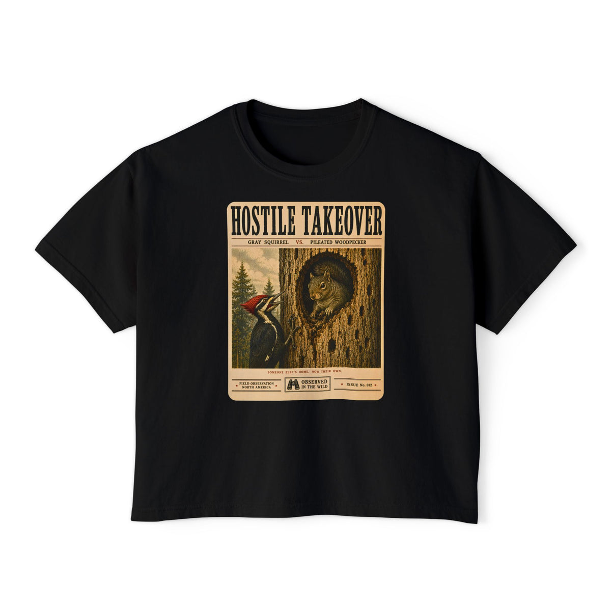 Hostile Takeover Boxy Tee | Woodpecker & Squirrel Shirt | Funny Birdwatching Graphic Tee | Vintage Nature Poster | Wildlife Gift