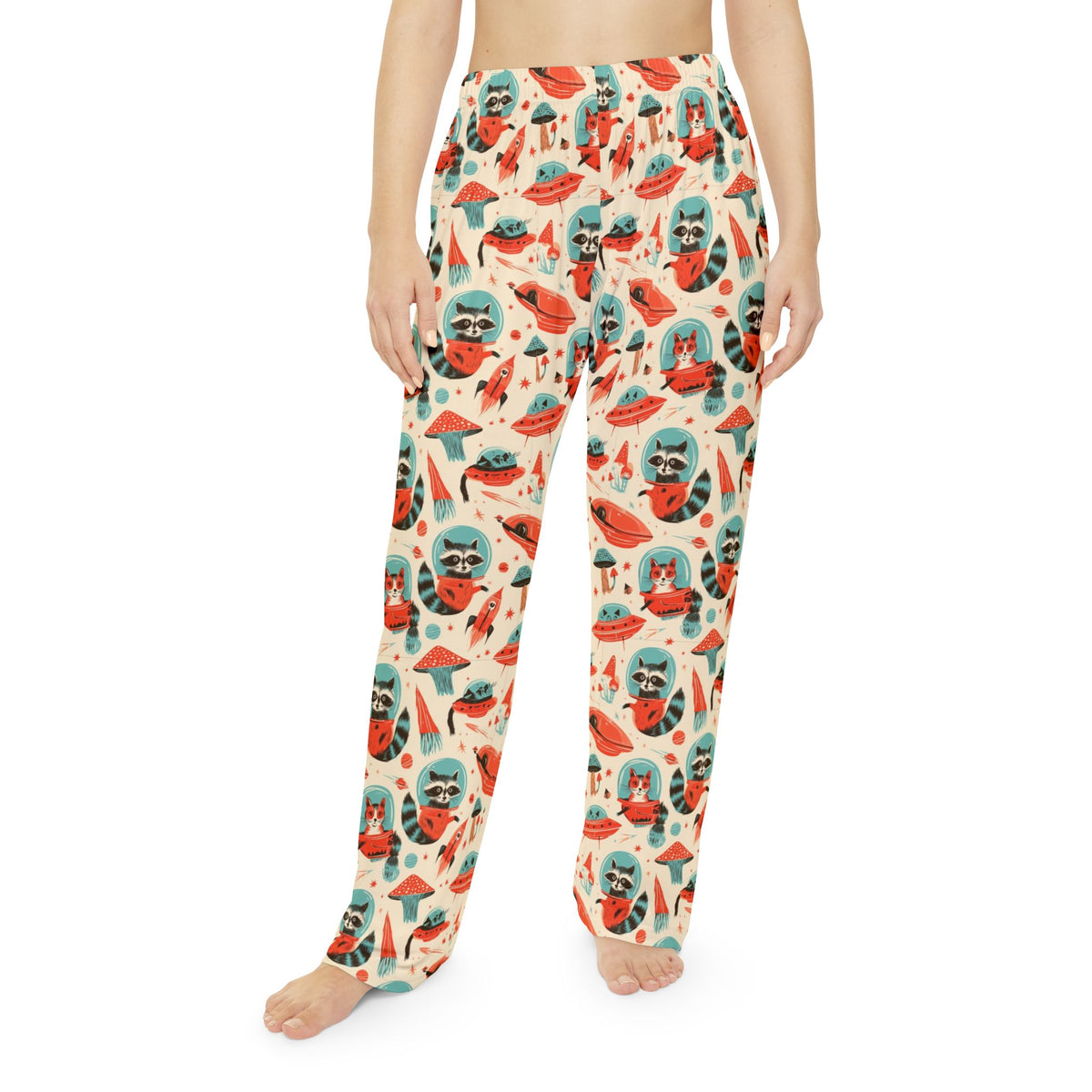 Retro Space Animal Pajama Pants | Astronaut Cats Raccoons UFOs
