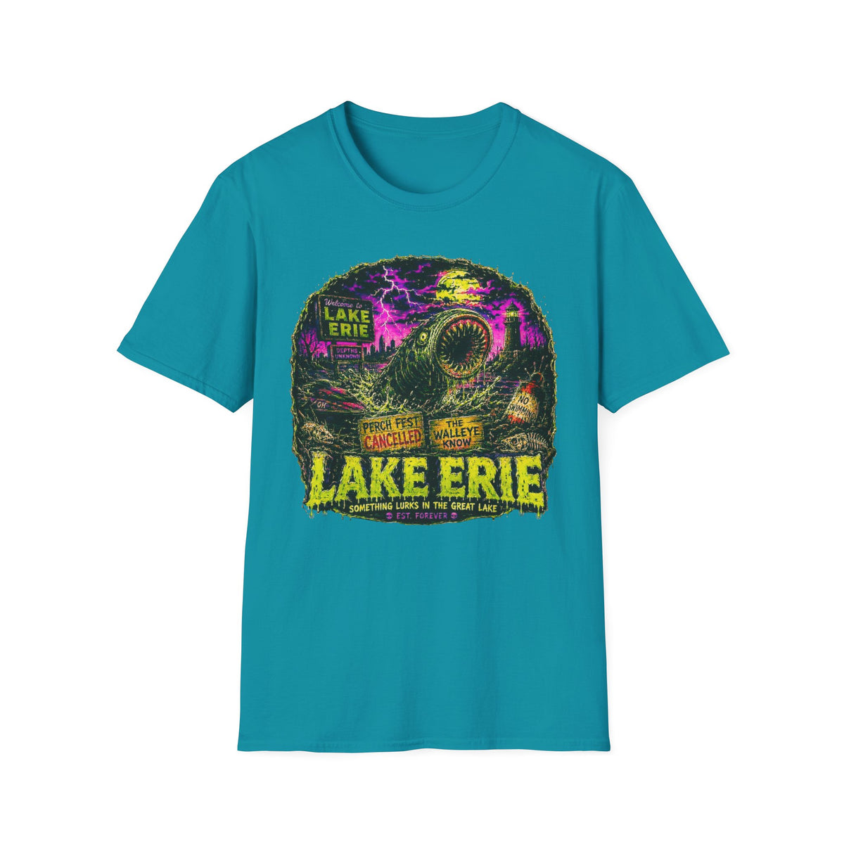 Lake Erie Cryptid Horror Graphic, Midwest Gothic Monster Apparel, Walleye Know Retro Tourism Design, Analog Horror Streetwear