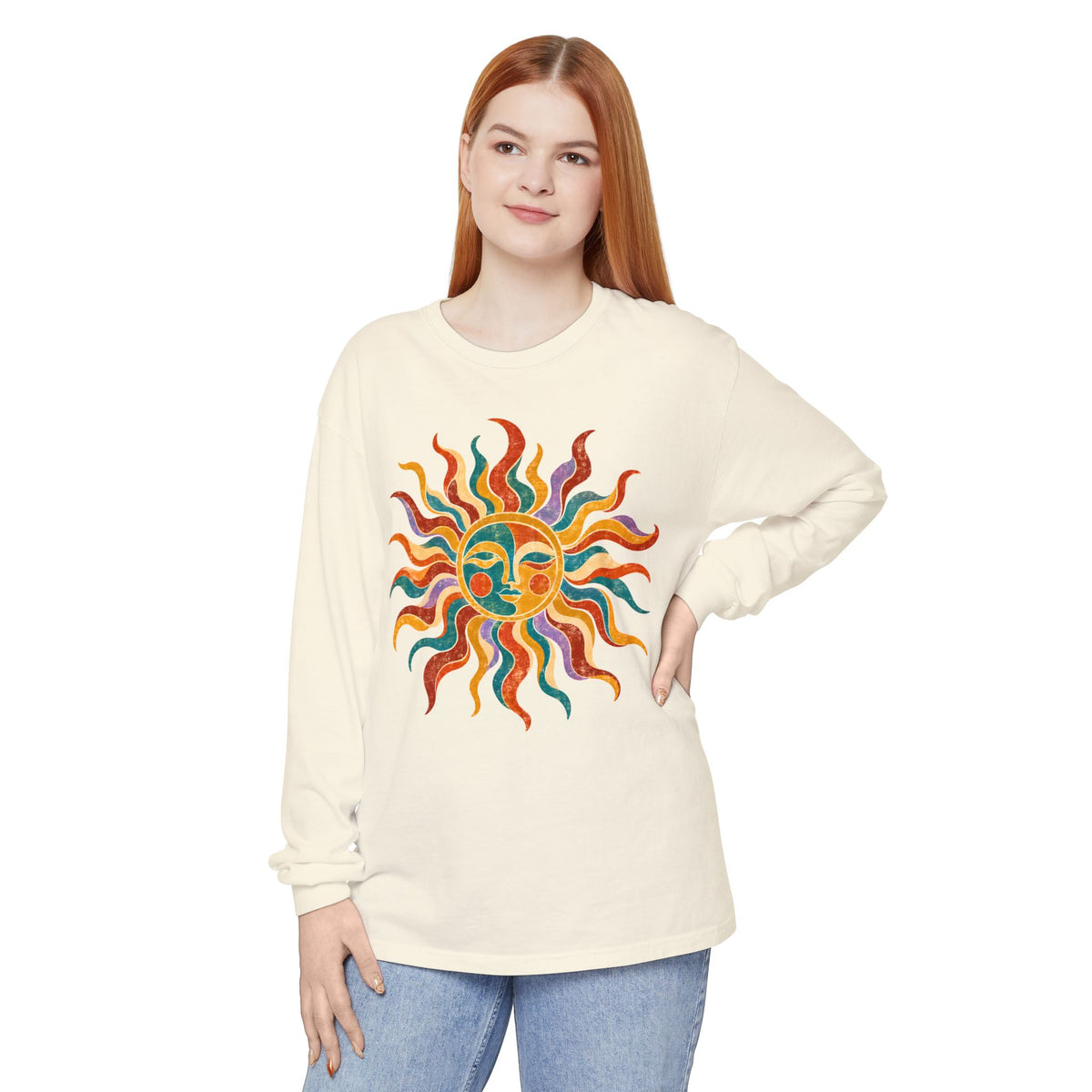 Retro Sun Long Sleeve Shirt, Folk Art Celestial Tee, Vintage Sun Face Shirt, Boho Graphic Long Sleeve