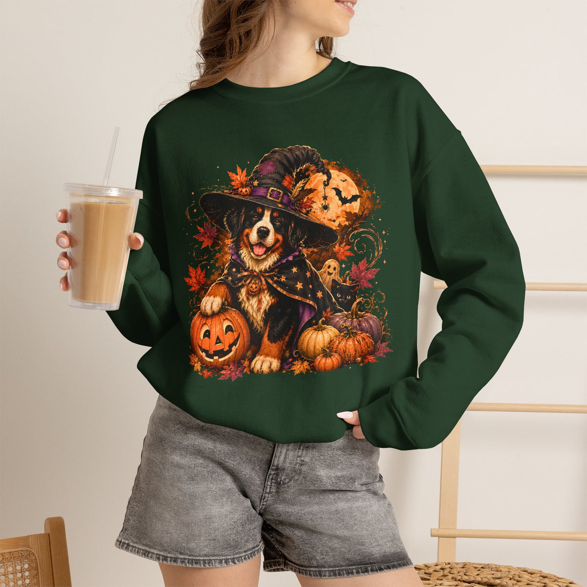 Halloween Witch Dog Sweatshirt | Pumpkin, Jack-o'-Lanterns, Autumn Leaves