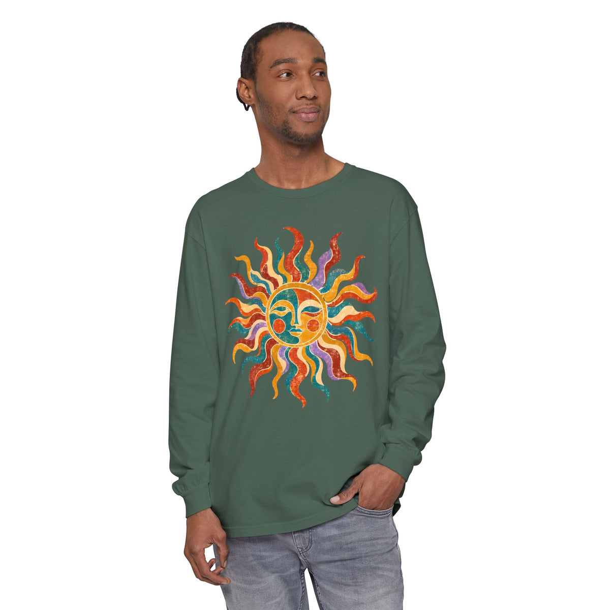 Retro Sun Long Sleeve Shirt, Folk Art Celestial Tee, Vintage Sun Face Shirt, Boho Graphic Long Sleeve