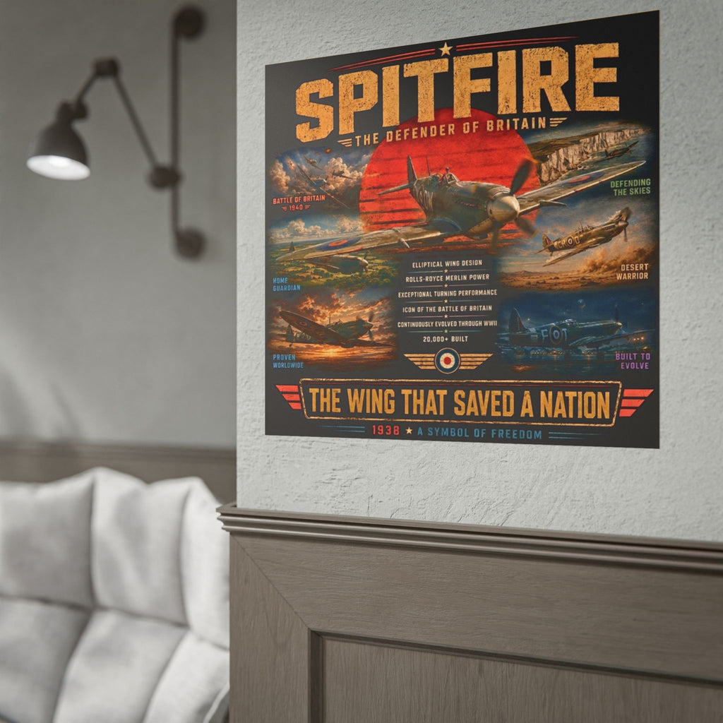 Supermarine Spitfire WWII Aviation Poster, British Fighter Plane Wall Art, Battle of Britain Print, RAF Pilot Gift, Flight Deck Decor