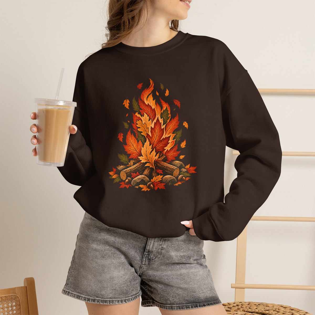 Autumn Leaf Bonfire Sweatshirt, Fall Leaves Campfire Crewneck, Cozy Fall Sweatshirt, Vintage Nature Shirt, Camping Pullover